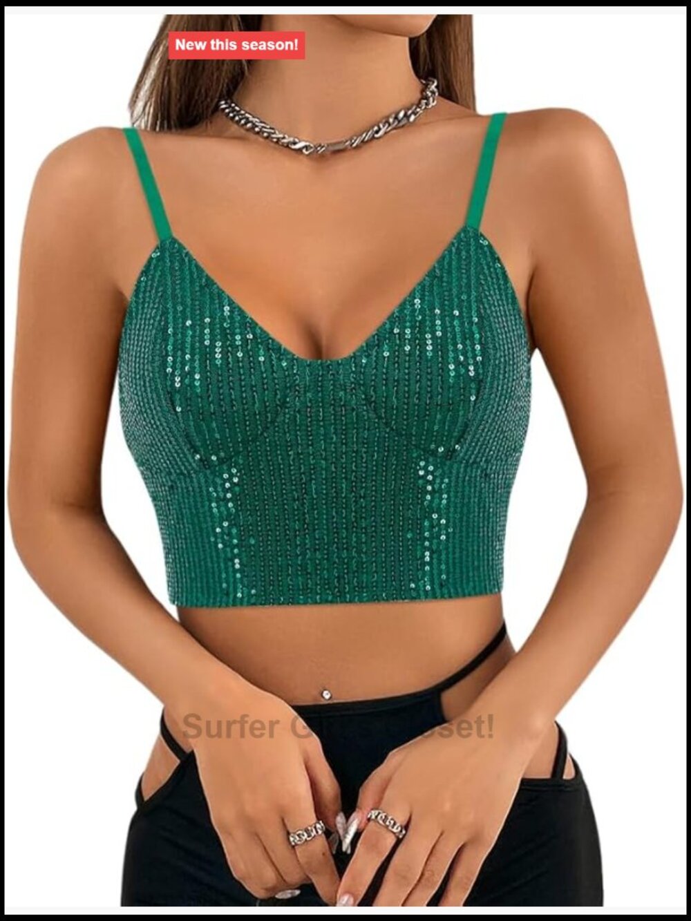 Sequin Spaghetti Strap V-Neck Crop Tank Top Sleeveless Sparkly Party Club Rave
